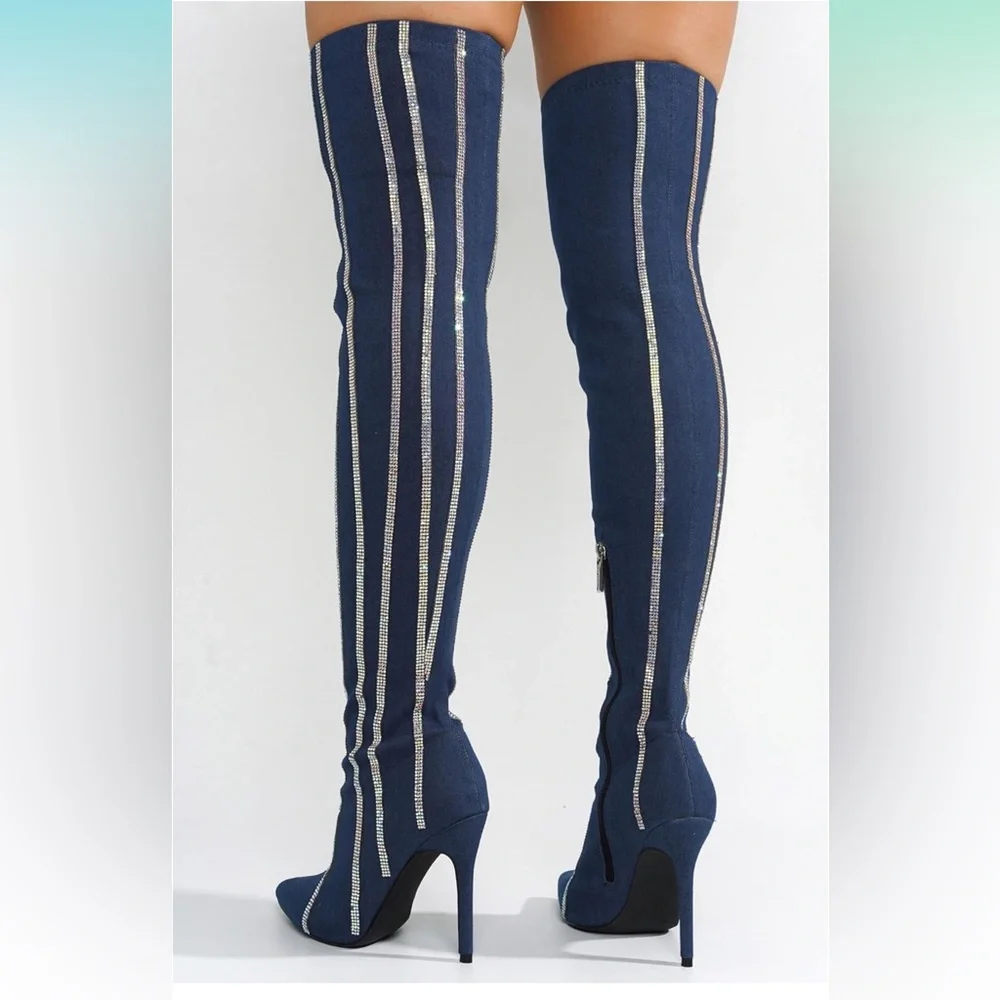NWOT • Cape Robbin • Hidenim Rhinestone Thigh High Stiletto Boots • Size 6.5 💙🩶